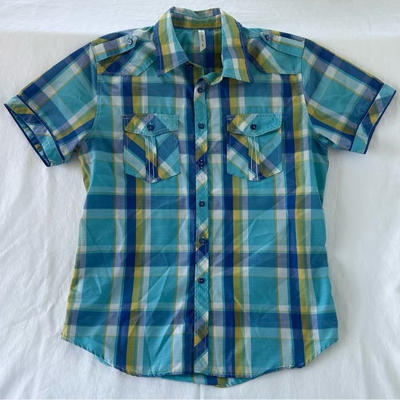 True Rock Mens short sleeve blue/yellow button up plaid shirt, size Large - Picture 1 of 9